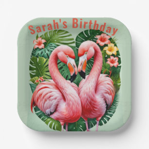 Flamingos Hälse rosa Herz tropisch Papierplatte Pappteller