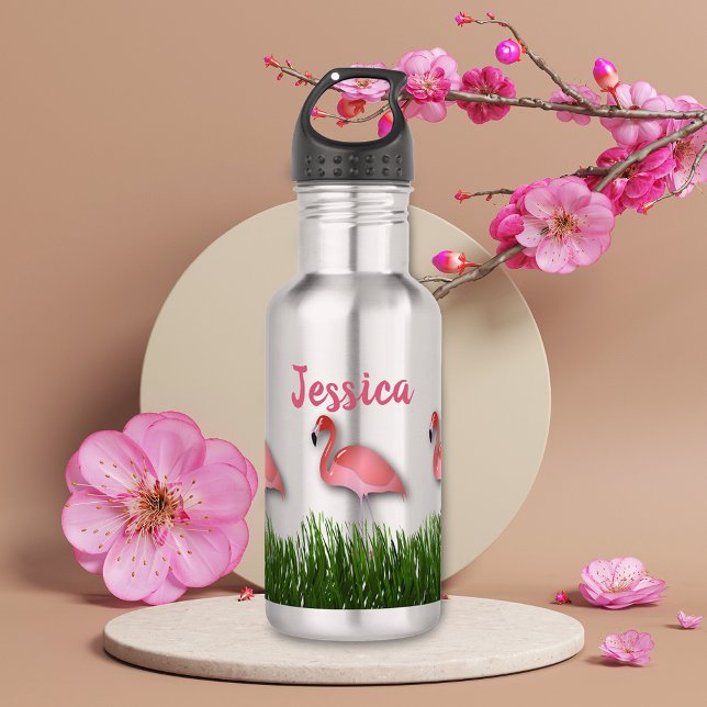 Flamingos im Gras Edelstahlflasche (Von Creator hochgeladen)
