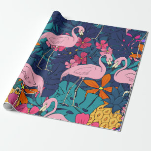 Flamingos im Hintergrund tropischer Blätter und f Geschenkpapier