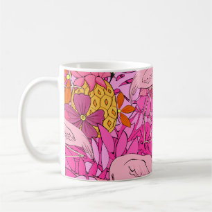 Flamingos im Hintergrund tropischer Blätter und f Kaffeetasse