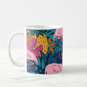 Flamingos im Hintergrund tropischer Blätter und f Kaffeetasse