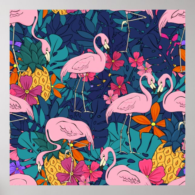 Flamingos im Hintergrund tropischer Blätter und f Poster (Vorne)