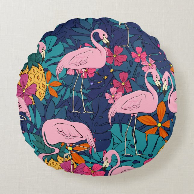 Flamingos im Hintergrund tropischer Blätter und f Rundes Kissen (Vorderseite)