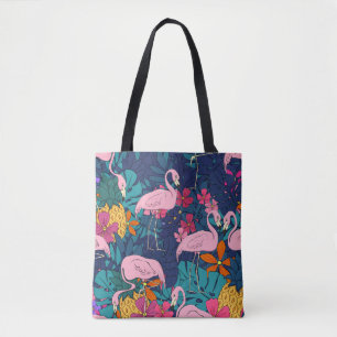Flamingos im Hintergrund tropischer Blätter und f Tasche