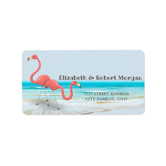 Flamingos in Liebe, Beach Wedding Label Adressaufkleber (Vorne)