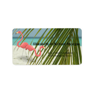 Flamingos in Liebe, Strand, Palmenhochzeit Adressaufkleber