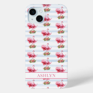 Flamingos mit Blumen auf Wasserfarbenstreifen Case-Mate iPhone Hülle