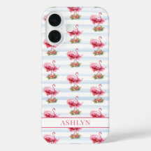 Flamingos mit Blumen auf Wasserfarbenstreifen
