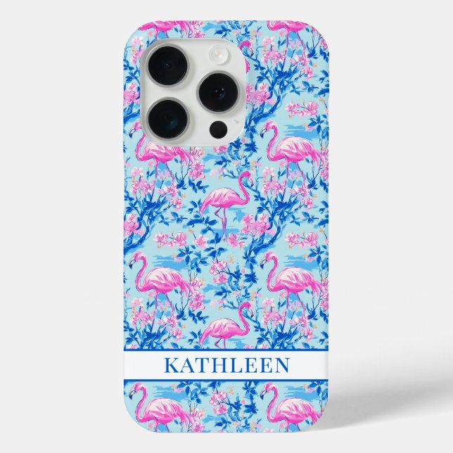 Flamingos mit rosa Blumen monogrammiert Case-Mate iPhone Hülle (Rückseite)