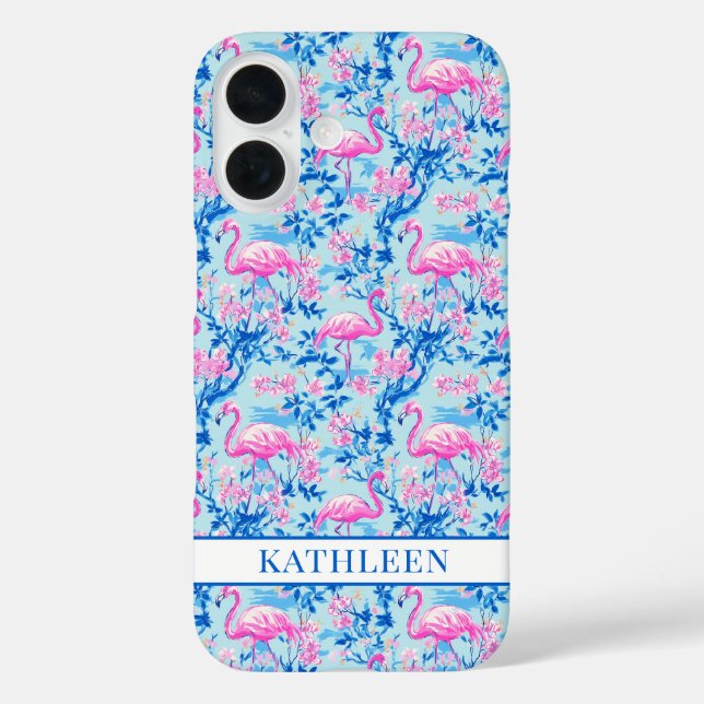 Flamingos mit rosa Blumen monogrammiert iPhone 16 Hülle (Rückseite)