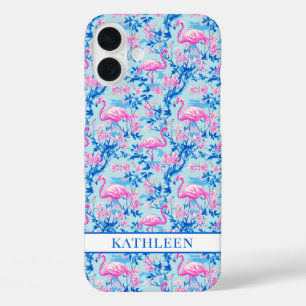 Flamingos mit rosa Blumen monogrammiert iPhone 16 Plus Hülle