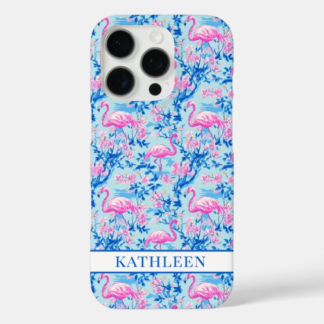Flamingos mit rosa Blumen monogrammiert iPhone 16 Pro Hülle (Rückseite)