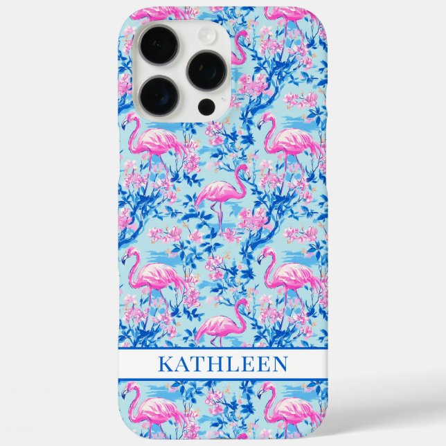 Flamingos mit rosa Blumen monogrammiert iPhone 16 Pro Max Hülle (Rückseite)