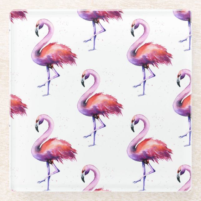 Flamingos mit Splash: Aquarellmuster. Glasuntersetzer (Vorderseite)