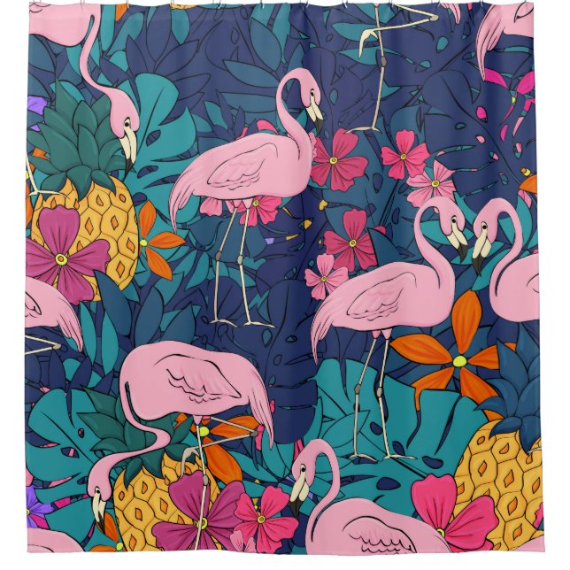 Flamingos on a background of tropical leaves and f duschvorhang (Vorderseite)