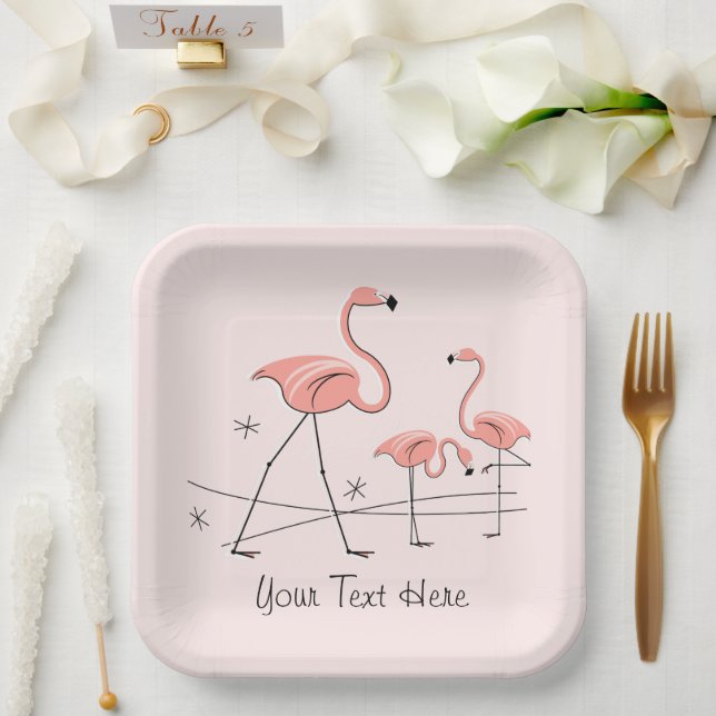 Flamingos Pink Trio 2 Textquadrat Pappteller (Hochzeit)