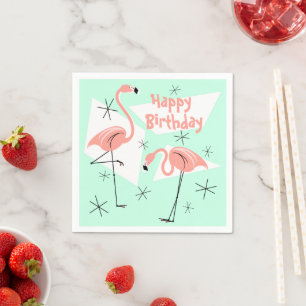 Flamingos Retro Green Happy Birthday Serviette