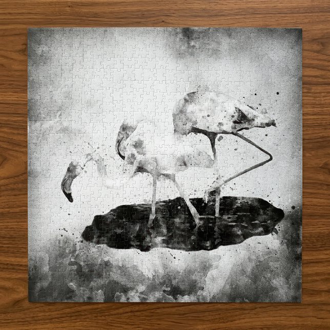 Flamingos Schwarz und Weiß (Black and White Flamingo Watercolor Wall Art Decor. Jigsaw Puzzle)