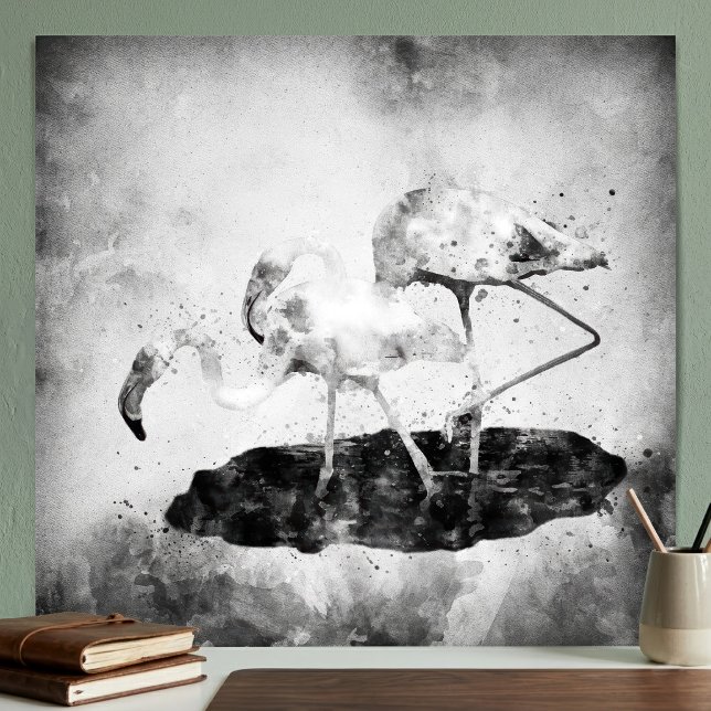 Flamingos Schwarz und Weiß Poster (Black and White Flamingo Watercolor Wall Art Decor. Poster)
