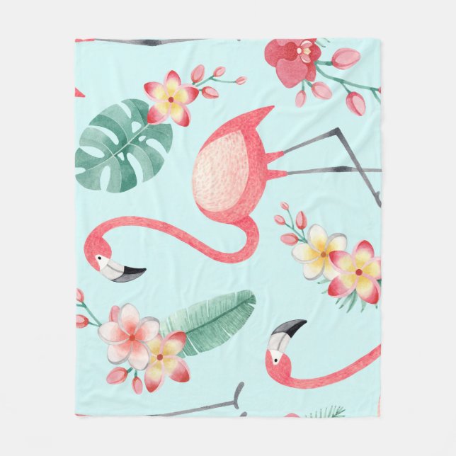 Flamingos Tropical Blume Wasserfarbenes Muster Fleecedecke (Vorderseite)