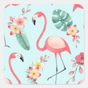 Flamingos Tropical Blume Wasserfarbenes Muster Quadratischer Aufkleber