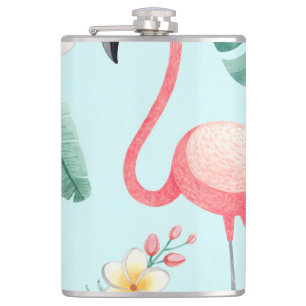 Flamingos Tropische Blumen Aquarell-Muster Flachmann