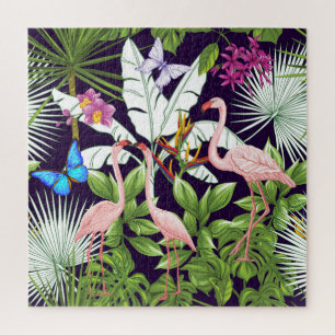 Flamingos, tropische Pflanze: Vintages Muster.