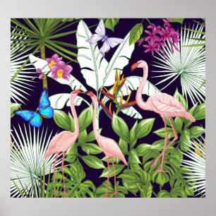 Flamingos, tropische Pflanze: Vintages Muster. Poster