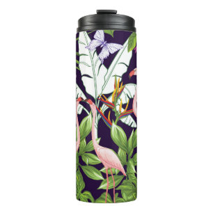 Flamingos, tropische Pflanze: Vintages Muster. Thermosbecher