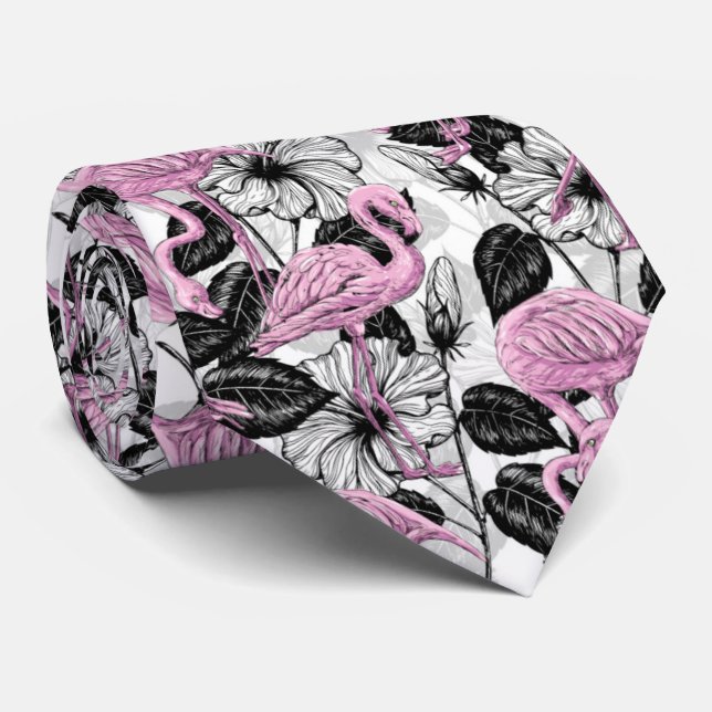 Flamingos und Hibiskus Blume Krawatte (Gerollt)