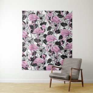 Flamingos und Hibiskus Blume Wandteppich
