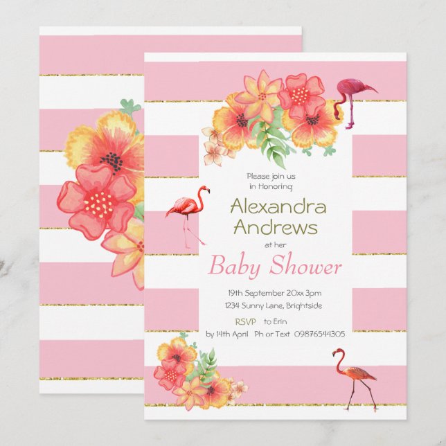 Flamingos und Pink Stripe Babydusche Einladung (Vorne/Hinten)
