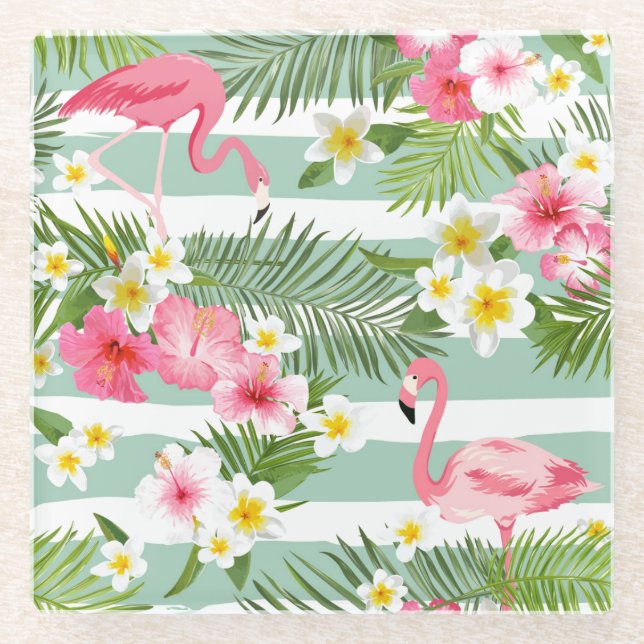 Flamingos und Streifen Glasuntersetzer (Vorderseite)