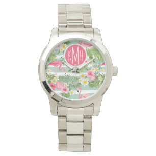 Flamingos und Streifen Monogramm Armbanduhr