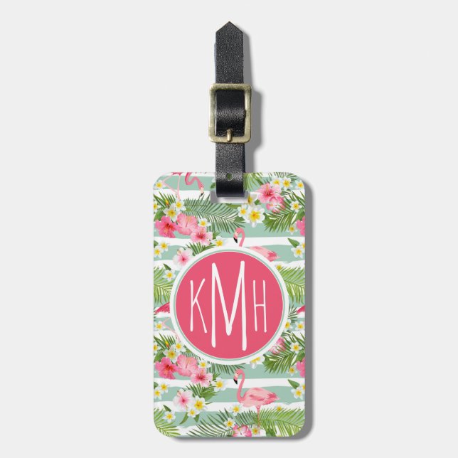 Flamingos und Streifen| Monogramm Gepäckanhänger (Vorderseite vertikal)