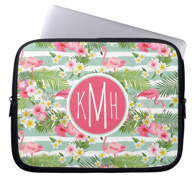 Flamingos und Streifen| Monogramm Laptopschutzhülle (Vorderseite)