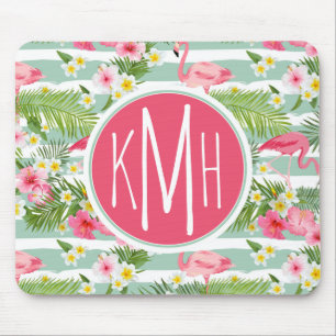Flamingos und Streifen Monogramm Mousepad