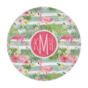 Flamingos und Streifen Monogramm Schneidebrett