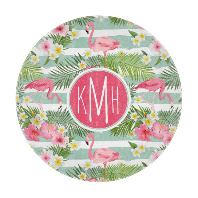Flamingos und Streifen| Monogramm Schneidebrett (Vorderseite)