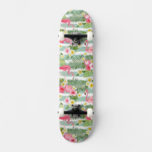 Flamingos und Streifen Skateboard (Vorderseite)