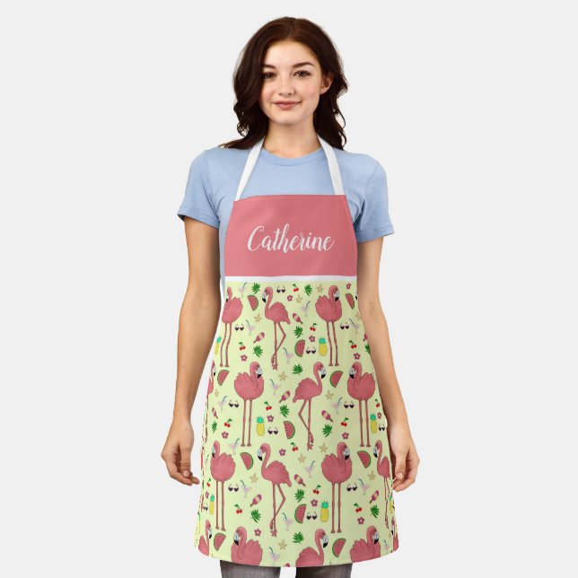 Flamingos und Summer Theme mit Namen - Gelb Schürze (Getragen)