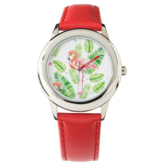 Flamingos und tropische Blätter Armbanduhr (Vorderseite)