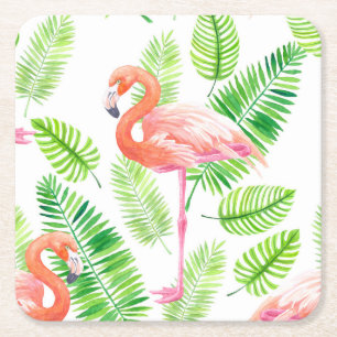 Flamingos und tropische Blätter Rechteckiger Pappuntersetzer