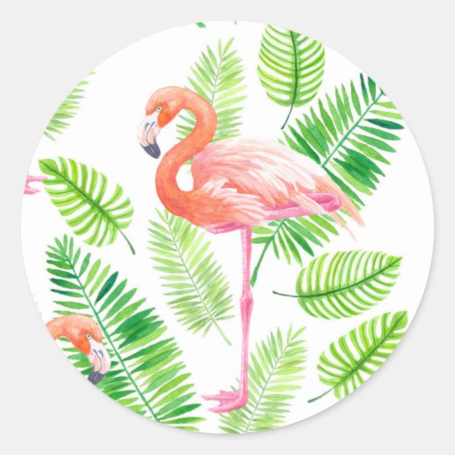 Flamingos und tropische Blätter Runder Aufkleber (Vorderseite)