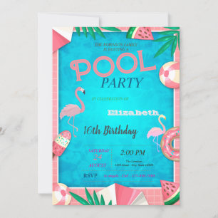 Flamingos Watermelon Ice Creme Pool Geburtstagspar Einladung