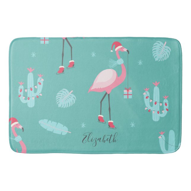 Flamingos Weihnachtsmannmütze präsentiert Schneefl Badematte (Vorderseite)