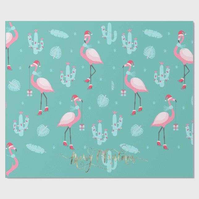 Flamingos Weihnachtsmannmütze präsentiert Schneefl Geschenkpapier (Flach)
