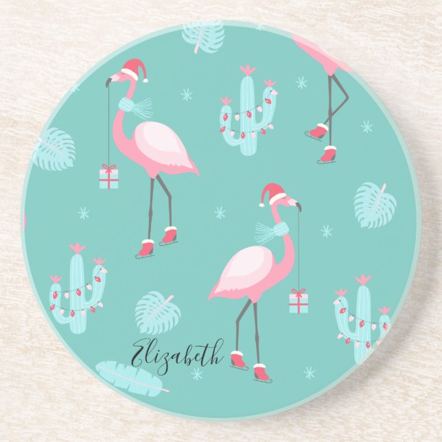 Flamingos Weihnachtsmannmütze präsentiert Schneefl Getränkeuntersetzer (Vorne)