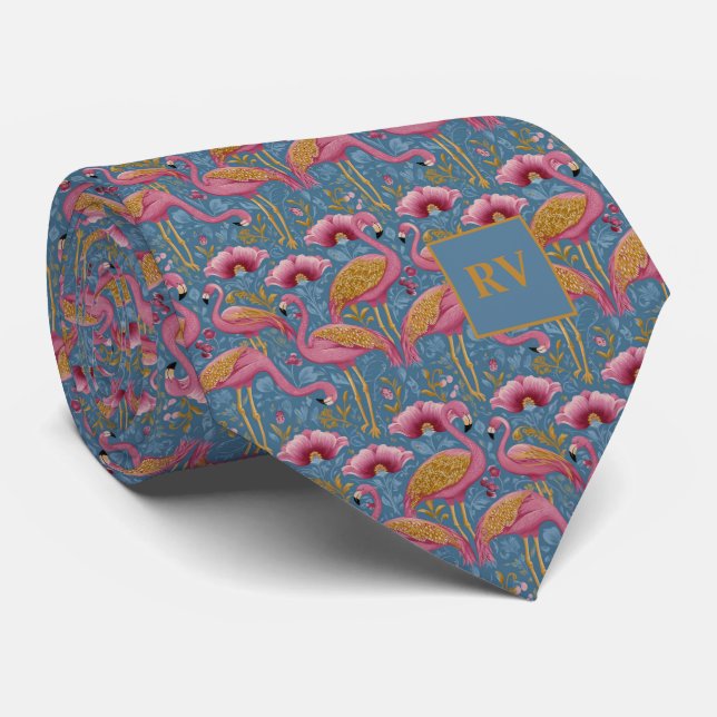 Flamingos with Gold Feathers on Blue Krawatte (Gerollt)
