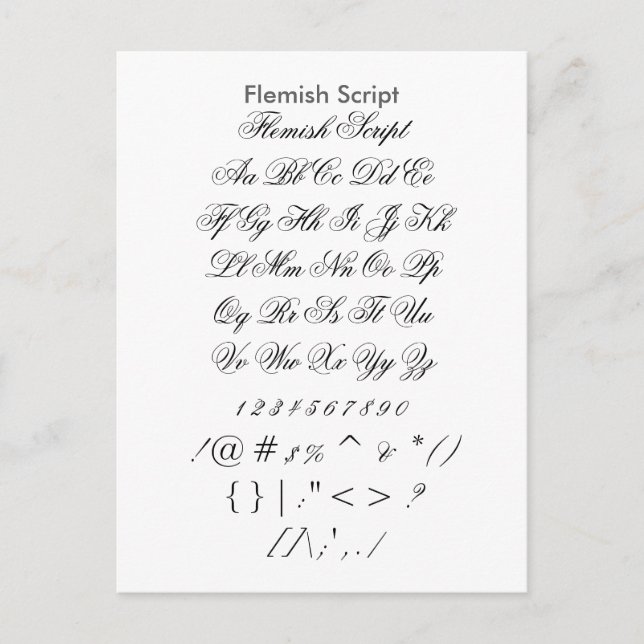 Flämisches Skript - Zazzle-Schriftart-Beispielblat Postkarte (Vorderseite)